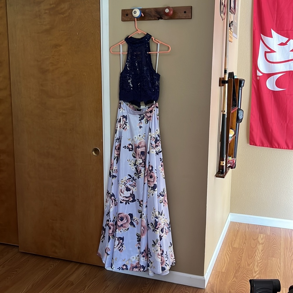 Navy and Light Blue Floral Two Piece City Studio Prom Dress